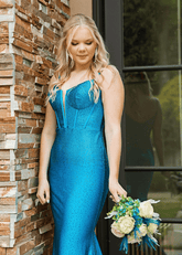 Charlotte | Long Blue Prom Dress Satin With Mermaid Spaghetti Straps Beaded - Blue - PromDressClub